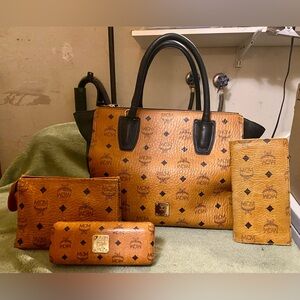 MCM Cognac & Black Visetos Kathy Purse + Wallet + Glasses Case + Cosmetic Bag